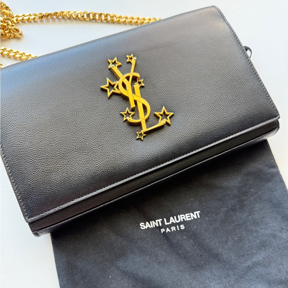 Saint Laurent YSL Star WOC Black Grain Leather Gold Chain Wallet on Chain